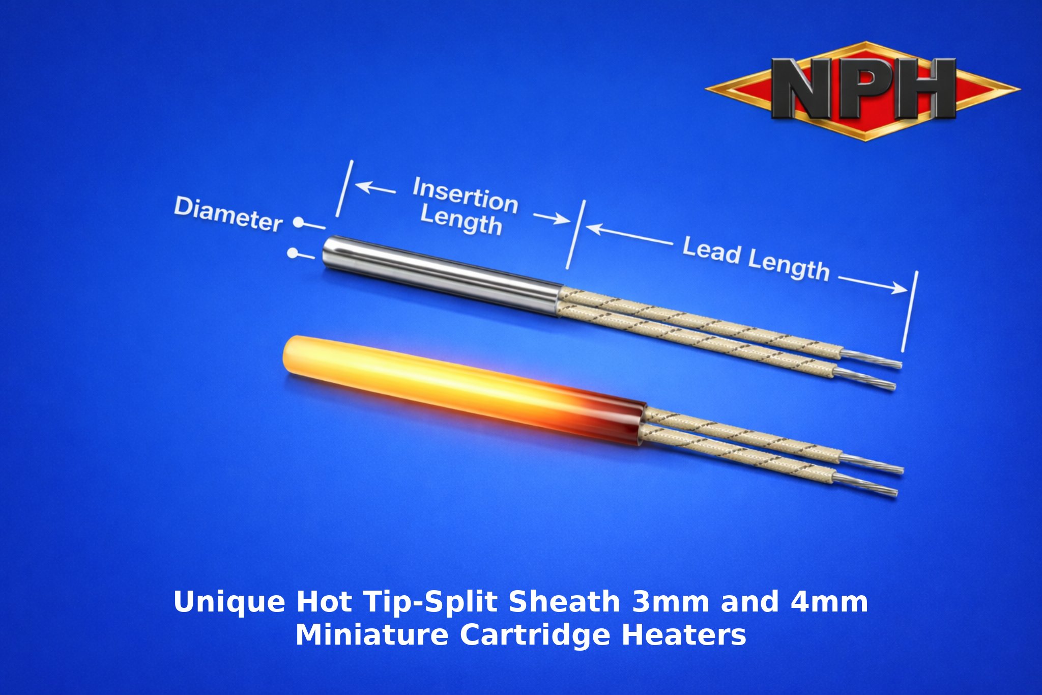 4mm OD x 0.5″ long-Miniature-Micro-Split Sheath Cartridge Heater, 12V, 24V, 48V, 120V- Max. Watts, 8″ FG Leads